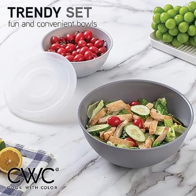 COOK WITH COLOR Plastic Nesting Mixing Bowls Set - 12 Piece includes 6 Prep Bowls and 6 Lids, Microwave Safe (Gray Ombre) - Image 2