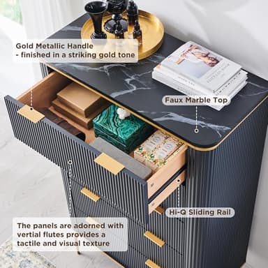 T4TREAM Fluted 5 Drawers Dresser for Bedroom, 48" Tall Modern Dresser Chest of Drawers, Gold Accents, Fluted Fronts, Wood Storage Dressers Organizer for Bedroom, Living Room, Dark Grey - Image 5
