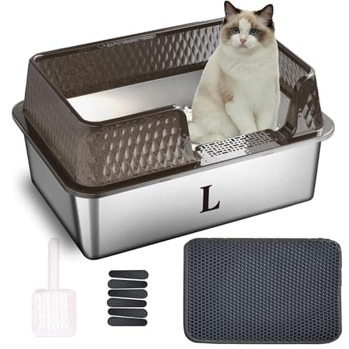 Suhaco Stainless Steel Litter Box Side Entry, Kitty Black Litter Mat and White Scoop Included Covered Metal High Sided Large Cat Litter Box with Lid Removable Enclosure for Medium Cats (Black) - Image 1
