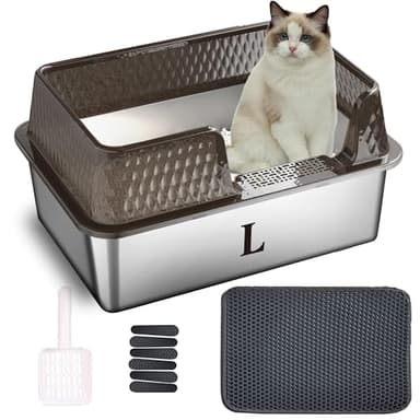 Suhaco Stainless Steel Litter Box Side Entry, Kitty Black Litter Mat and White Scoop Included Covered Metal High Sided Large Cat Litter Box with Lid Removable Enclosure for Medium Cats (Black) - Image 1