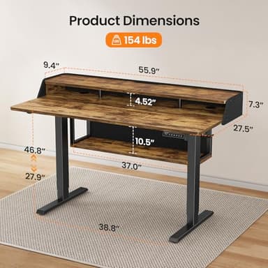 ErGear Standing Desk, 55" x 28" Electric Height Adjustable Desk with Shelves, Vintage Brown - Image 3