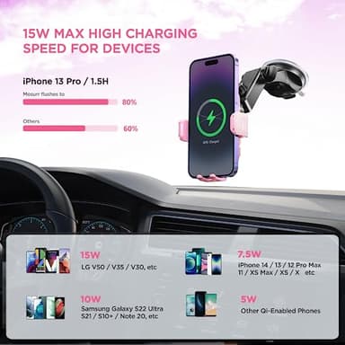 Wireless Car Charger,【7 Colored LED Backlit】 15W Auto Clamping Car Charger Phone Mount Holder fit for iPhone 14 13 12 Mini Pro Max 11 XR XS, Samsung Galaxy S23 Ultra S22 S21+ S10+ Note 20, etc - Pink - Image 3