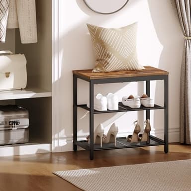 HOOBRO Shoe Bench, 3-Tier Shoe Rack, Industrial Shoe Organizer Storage Bench, 19.7 inches Entry Bench with Mesh Shelves, for Entryway, Living Room, Hallway, Easy Assembly, Rustic Brown BF50HX01 - Image 2