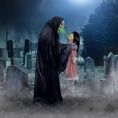 Haunted Hill Farm Soul Sucker Demon Reaper with Child by Tekky, Motion-Activated Talking Halloween Animatronic for Creepy Indoor or Covered Outdoor Halloween Decorations, Plug-in or Battery Operated - Image 3