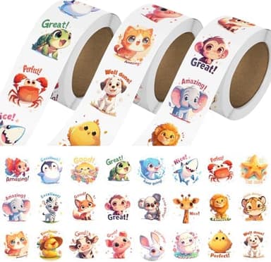 3 Rolls Animal Stickers for Kids, 1500 PCS Kids Stickers Bulk for Toddlers 2-4, 24 Designs Farm/Ocean/Wild Cute Sticker with Motivational Words for Kid Reward, School Supplies (1.0 Inch - Image 3
