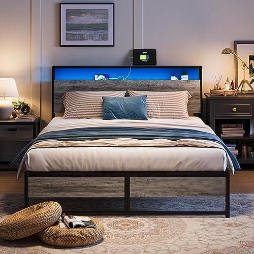 LINSY Queen Bed Frame with Ergonomic Headboard, Platform Metal Bed Frame with RGB Lights, Outlets & Charger, 45 Minutes Fast Assembly Bed Queen Size with Storage, No Box Spring Needed, Greige - Image 1