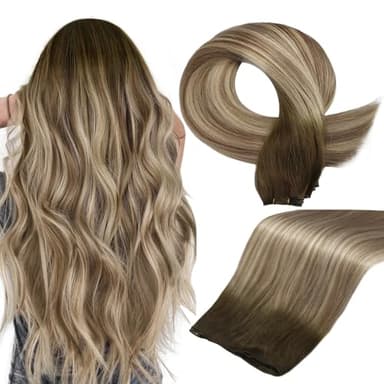 Full Shine Genius Weft Hair Extensions Hand Tied Hair Extensions 60G Human Hair Weft Extensions Sew In Color Balayage Brown To Light Blonde Mix Brown Weave Bundles 24 Inch - Image 1
