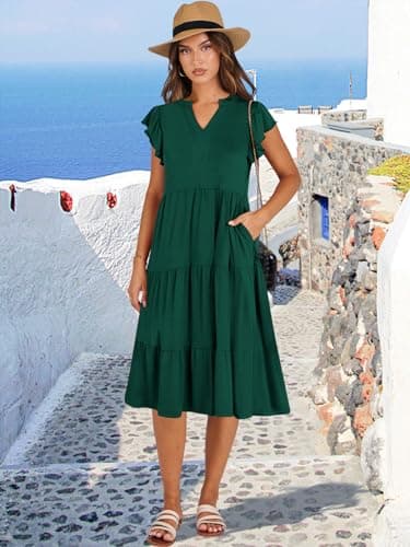 ANRABESS Womens Summer Dress Ruffle Sleeve V Neck Midi Dresses Fashion Casual Fit Flowy Tiered Boho Beach Vacation Sundress Deep Green-XL - Image 2