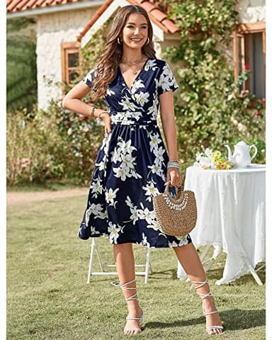 OUGES Womens Summer Dress Casual Dresses for Women Short Sleeve V-Neck Pattern Knee Length Dress with Pockets Spring Dresses 2025(Floral01,M) - Image 3
