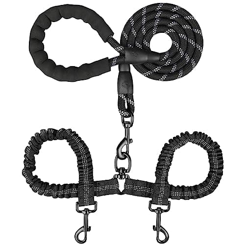 MingXpets Double Dog Leash, Dual Dog Leash, 360° Swivel Tangle Free Bungee Walking Training for Large Medium Dogs, Shock Absorbing Bungee Reflective for Two Dogs, 18~121 lbs, Black - Image 1