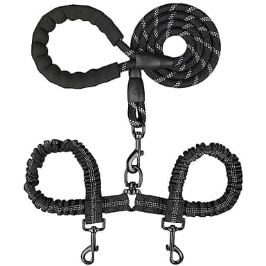 MingXpets Double Dog Leash, Dual Dog Leash, 360° Swivel Tangle Free Bungee Walking Training for Large Medium Dogs, Shock Absorbing Bungee Reflective for Two Dogs, 18~121 lbs, Black - Image 1