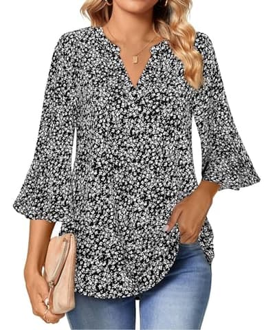 Gaharu Work Blouses for Women Fashion 2025 3/4 Sleeve Ladies Tops and Blouses Dressy Fall V Neck Ruffle Sleeve Blouse Flowy Shirts Chiffon Lightweight Tunic Top Office Wear Multi-Black,L - Image 5
