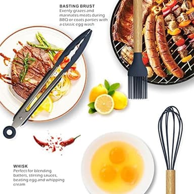Silicone Cooking Utensils Set - 446°F Heat Resistant Silicone Kitchen Utensils for Cooking,Kitchen Utensil Spatula Set w Wooden Handles and Holder, BPA FREE Gadgets for Non-Stick Cookware (Navy Blue - Image 5