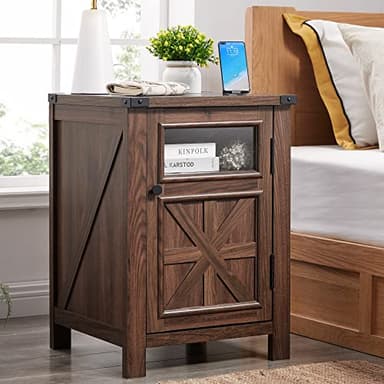 JXQTLINGMU Farmhouse End Table with Charging Station, 18'' Rustic Nightstand with Barn Door & Adjustable Shelf, Wooden Sofa Side Table with 3-Tier Storage for Living Room, Bedroom, Brown - Image 1