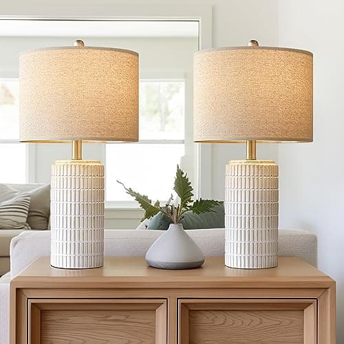 PoKat 23" Modern Ceramic Table Lamp Set of 2 for Living Room White Desk Lamps for Bedroom Farmhouse Bedside Nightstand Bedside Lamp End Table Lamps Beige - Image 1
