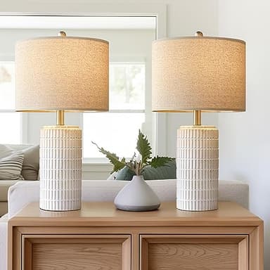 PoKat 23" Modern Ceramic Table Lamp Set of 2 for Living Room White Desk Lamps for Bedroom Farmhouse Bedside Nightstand Bedside Lamp End Table Lamps Beige - Image 1