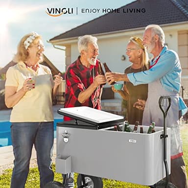 VINGLI 80 Quart Wagon Rolling Cooler Ice Chest, Patio Cooler w/Long Handle and 10" Wheels, Beach Patio Party Bar Cold Drink Beverage Cart - Image 7