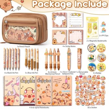 Fimibuke Kids School Supplies for Girls, 36PCS Cute Capybara Stationery Set with Pencil Case Gel Pens Pencils Stickers Pins Notebooks Sticky Notes Kawaii Birthday Gifts for Kindergarten Elementary - Image 2