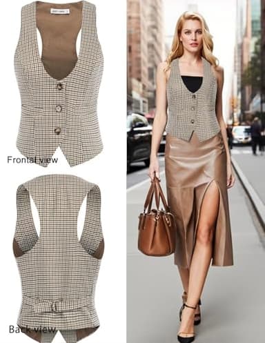 GRACE KARIN Vest Top for Women Brown Lightweight Dressy Suit Vest(M, Brown Plaid) - Image 2