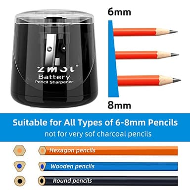 ZMOL Battery Powered Electric Pencil Sharpener,Small Battery Operated Colored Pencil Sharpeners Portable for Kids,Fast Sharpen, Suitable for No.2/Colored (6-8mm), School/Classroom/Office/Home Black - Image 4