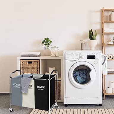 3 Section Laundry Basket Sorter,240L Laundry Blanket Cart with Wheels, 16 X 30 X 35 inch Large Laundry Hamper Bag Bin for Dirty Clothes, in Laundry Room,Bathroom, Closet Organizers & Storage- WHITE - Image 2