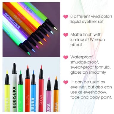 BOBISUKA 8 Colors UV Neon Liquid Eyeliner Set, Matte Colored Eyeliners Pen, Colorful Waterproof Smudge-proof Pigmented Graphic Liners, Delineadores de Colores Para Ojos Eye Makeup Gift Kit - Image 3