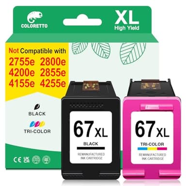 COLORETTO 67XL Ink for HP Envy 6055e Ink Cartridges for HP Envy 6000 Ink Cartridges Envy 6455e 6458e 6452e 6052e 6065e 6020e 6022 6022e 6030e 6032e 6050e 6052 Black/Color Combo Pack Replacement - Image 1