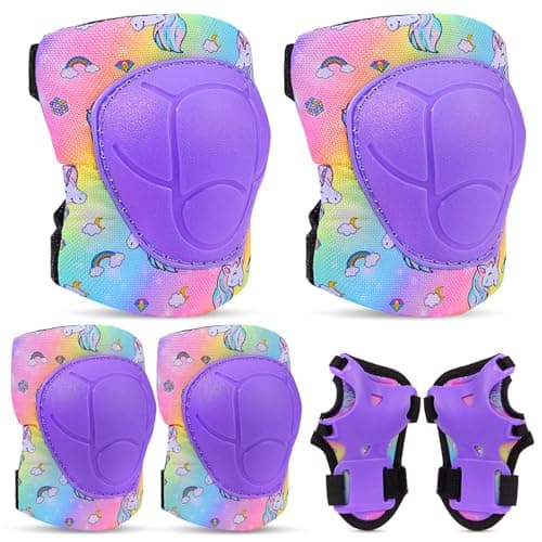 FIODAY Knee Pads for Kids Protective Gear Set Adjustable Kids Knee Pads and Elbow Pads with Wrist Guard for Girls Roller Skates Cycling Bike Skateboard Scooter Knee Pads, 3-8 Years,Rainbow Unicorn - Image 1