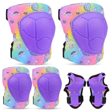 FIODAY Knee Pads for Kids Protective Gear Set Adjustable Kids Knee Pads and Elbow Pads with Wrist Guard for Girls Roller Skates Cycling Bike Skateboard Scooter Knee Pads, 3-8 Years,Rainbow Unicorn - Image 1