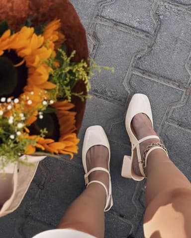 Coutgo Womens Mary Jane Chunky Low Heels Closed Square Toe Ankle Strap Pumps Wedding Party Dress Shoes, Beige, Size 6.5 - Image 3