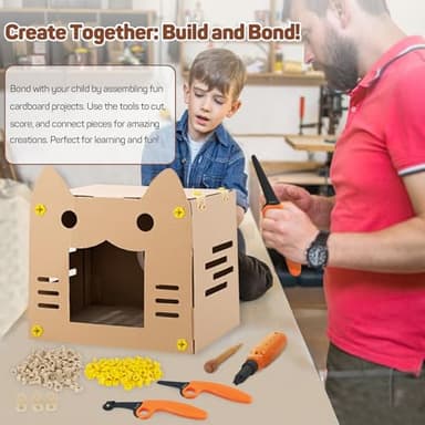 ZLemma Cardboard Construction Kit - 425 PCS Kids Building Set with Safe Serrated Cutter, Crease Roller, Screws & Nuts, STEM Upcycled Tool for DIY Cardboard Projects, Engineering & Creativity - Image 7