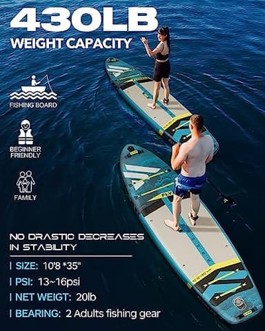 Flypark 10'8/11'x35'' Fishing&Family Stable Inflatable Paddle Boards, Extra Wide SUP Paddleboard Inflatable, 430lb/3 People, Stand Up Paddle Board for Adults, Camera Mount, Shoulder Strap, Rod Holder - Image 4