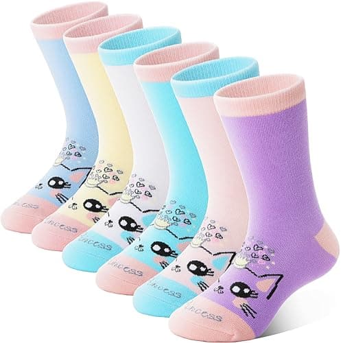 Anlisim Girls Socks Cute Animal Pattern Cartoon Novelty Fashion Soft Cotton Socks 6 pack (Big Eyed Cat, 5-8 Years) - Image 1