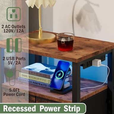 Furnulem Dresser for Bedroom, Tall Nightstand, Bedside Table with Charging Station, LED Light, Fabric Bins, Night Stand with Wood Shelf, Small Furniture for Entryway, 33 Inch (4 Drawer, Rustic Brown) - Image 9