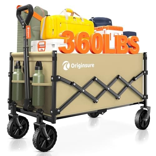 Originsure Collapsible Wagon Cart Foldable - Lightweight Portable Heavy Duty Folding Beach Wagons with Wheels - Outdoor Utility Carts for Grocery, Camping, Shopping, Sports with Large Capacity - Khaki - Image 1