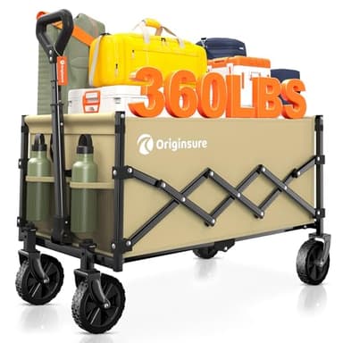 Originsure Collapsible Wagon Cart Foldable - Lightweight Portable Heavy Duty Folding Beach Wagons with Wheels - Outdoor Utility Carts for Grocery, Camping, Shopping, Sports with Large Capacity - Khaki - Image 1