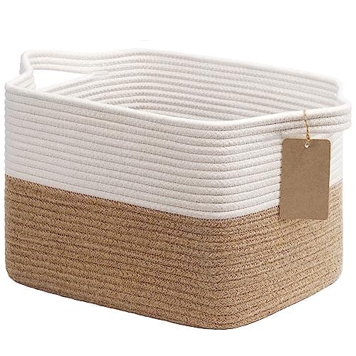 Goodpick Woven Storage Baskets for Organizing, Dog Toy Basket Medium Empty Gift Basket with Handles, Square Wicker Basket, White and Jute Storage Bin, 13.5 x 11 x 9.5 Inches - Image 1