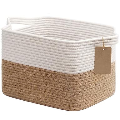 Goodpick Woven Storage Baskets for Organizing, Dog Toy Basket Medium Empty Gift Basket with Handles, Square Wicker Basket, White and Jute Storage Bin, 13.5 x 11 x 9.5 Inches - Image 1