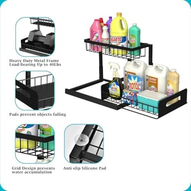 REALINN Under Sink Organizer, Pull Out Cabinet Organizer Slide Out Sink Shelf Cabinet Storage Shelves, Storages for Kitchen Bathroom, Black, 2 Pack - Image 7