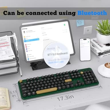 UBOTIE Dual Mode Colorful Wireless Keyboard, Bluetooth and USB Receiver Retro Typewriter Round Keycaps Keyboard Support Multi Devices for PC Laptop Tablet Phones(Dark-Green) - Image 6