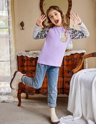 Arshiner Girls t Shirts with Pocket Design Color Block Cute Tops for Girls Purple Purple 10-12 Years - Image 7