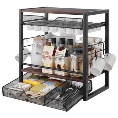 TQVAI Coffee Bar Organizer for Countertop 3-Tier 70 Capsules Coffee Station Organizer with Sliding K Cup Drawer & 4 Coffee Cup Hooks for Coffee Bar Accessories, Black - Image 1