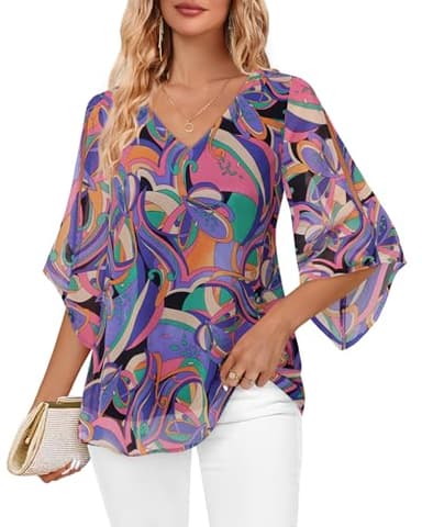 Bebonnie Blouses for Women Business Casual: Office Wear - 3/4 Length Sleeve Womens Tops - Chiffon Tunic Tops for Womens Spring Summer Fashion Trendy Clothes V Neck Shirts for Work Fancy Geometry M - Image 1