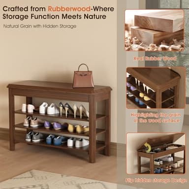 IUNVR Shoe Rack Bench Seat Rubberwood 3-Tier Wooden Storage Bench 550lbs Compact Mid-Century Modern Design for Entryway, Hallway, Closet, Front Door Entrance, Foyer - Image 6