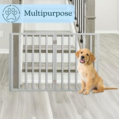 Pet Gate - 3-Panel Indoor Foldable Dog Fence for Stairs, Hallways, or Doorways - 54x24-Inch Retractable Wood Freestanding Dog Gates by PETMAKER (Gray) - Image 6