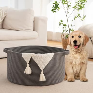 OIAHOMY 90L Large Blanket Basket with Handle, Blanket Storage for Living Room 23" x 23" x 13", Laundry Basket for Blankets, Pillows, Large Woven Rope Baskets for Kids, Dogs Toys - Grey - Image 5