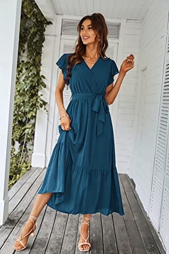 PRETTYGARDEN Women's Summer Floral Boho Dress Wrap V Neck Short Sleeve Ruffle A-Line Flowy Maxi Wedding Guest Dresses (Solid Lake Blue,XX-Large) - Image 6