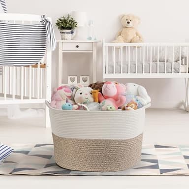 Throw Blanket Basket for Living Room, Extra Large Cotton Rope Basket for Storage, Woven Laundry Towel Hamper with Handles, Baby Toy Storage, 22" x 22" x 14" Pillow Bin - Image 5