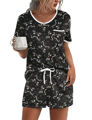 Ekouaer Pajama Set for Women 2 Piece Lounge Set Short Sleeve Tops and Shorts Soft Sleepwear, Chest Pocket Black Cat - Image 1