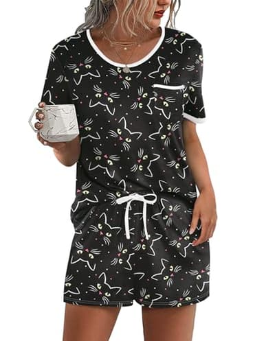 Ekouaer Pajama Set for Women 2 Piece Lounge Set Short Sleeve Tops and Shorts Soft Sleepwear, Chest Pocket Black Cat - Image 1